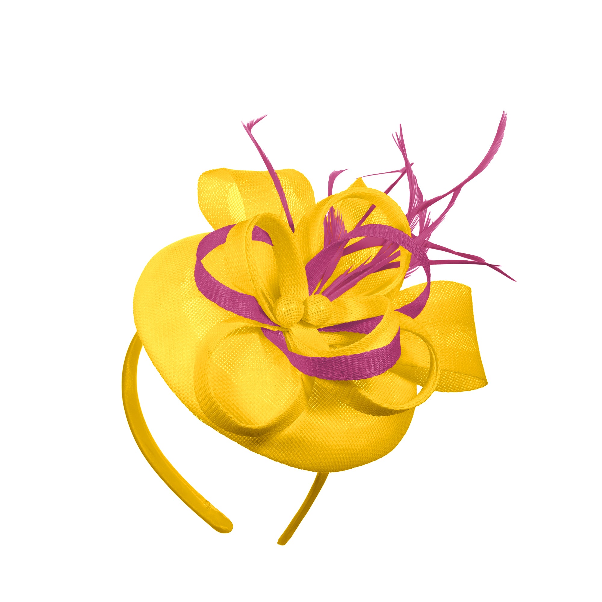 Yellow Fuchsia Mix Round Pillbox Bow Sinamay Headband Fascinator Weddings Ascot Hatinator Races