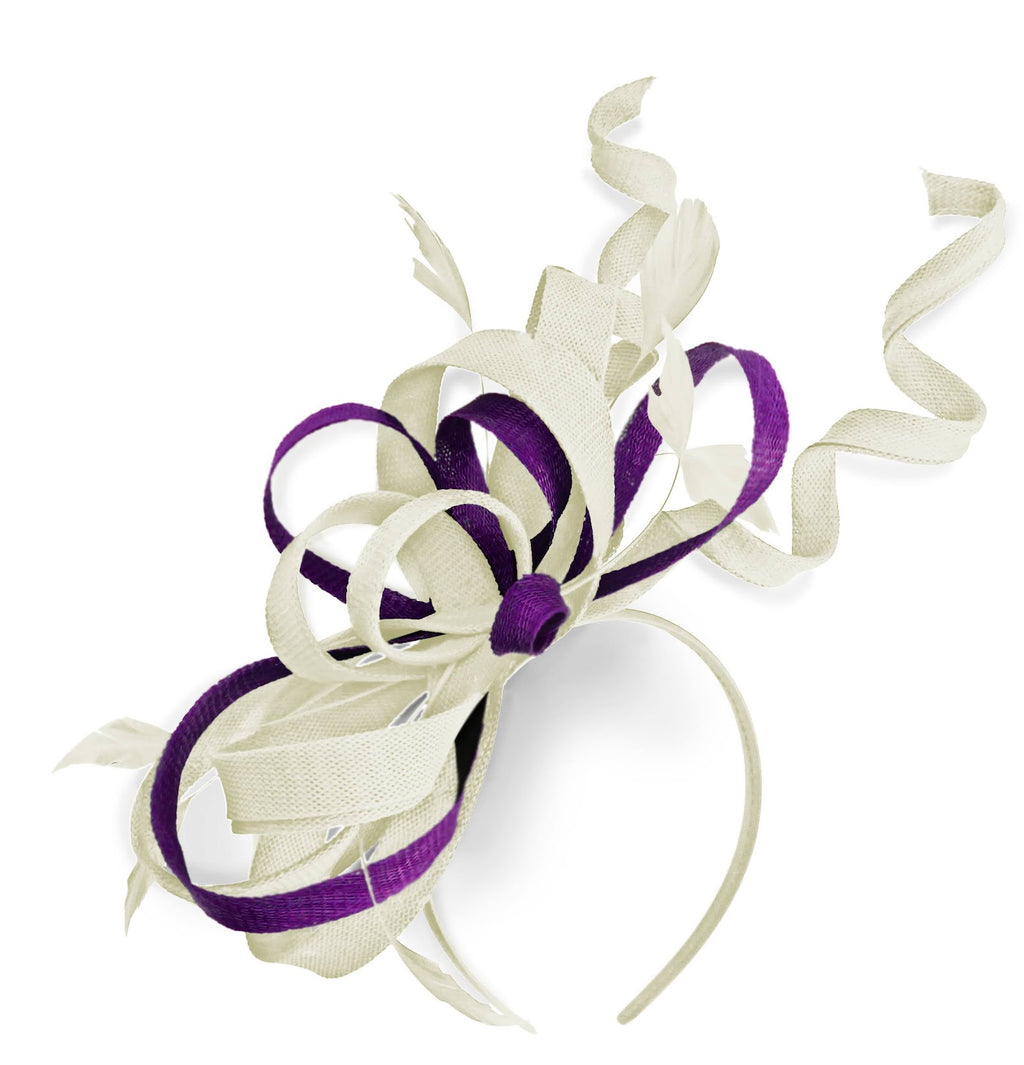 Caprilite Cream Ivory and Dark Purple Wedding Swirl Fascinator Headband Alice Band Ascot Races Loop Net