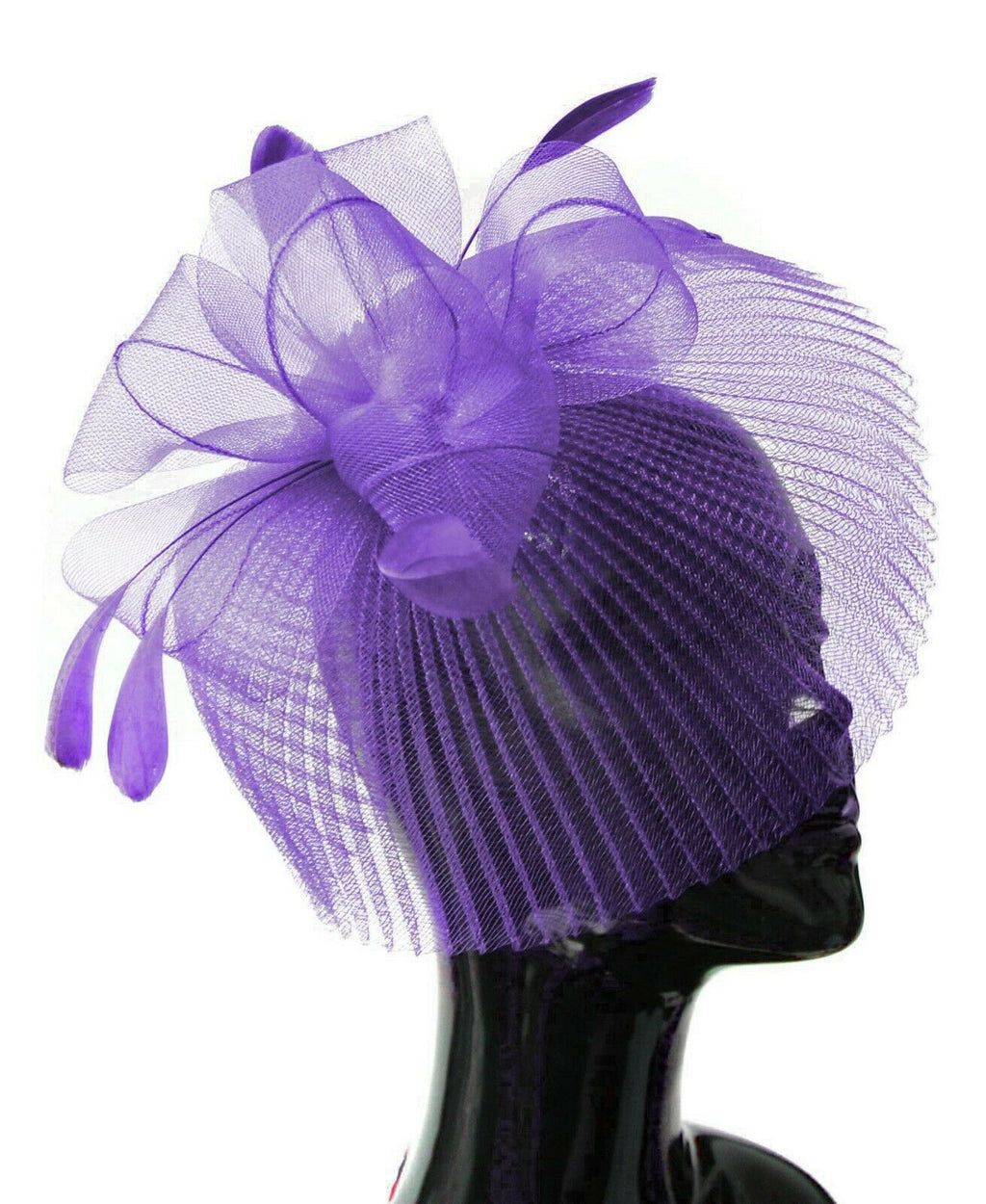 Voile violet, plumes d'éventail, fascinateur sur bandeau, courses de mariage, chapeau en filet, grand