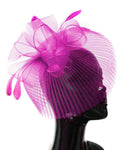 Fuchsia Hot Pink Veil Fan Feathers Fascinator on Headband Wedding Races Net Hat Big