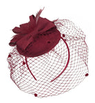 Burgundy Birdcage Veil Pillbox Bow Sinamay Headband Fascinator Weddings Ascot Hatinator Races
