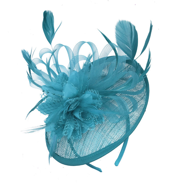 Aqua Blue fascinator on headband sinamay disc saucer rose caprilite UK Online shop