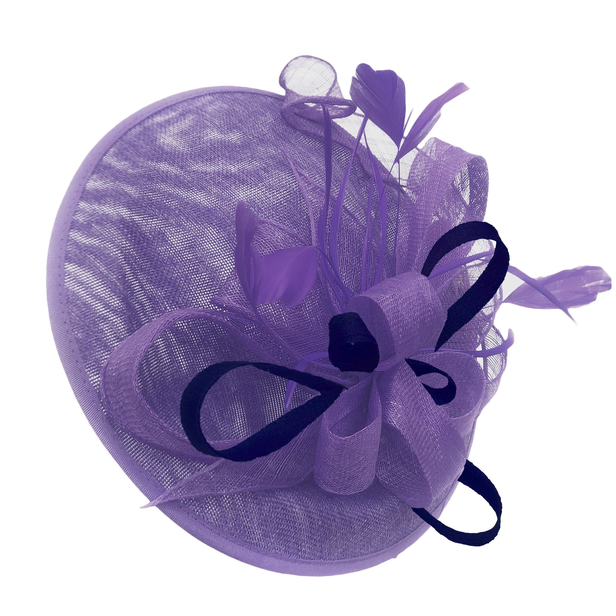 Caprilite Big Saucer Sinamay Lavender Purple & Navy Mixed Colour Fascinator On Headband