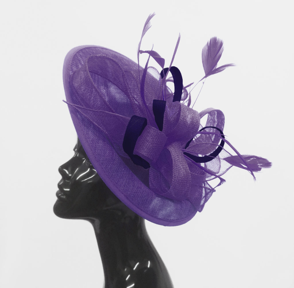 Caprilite Big Saucer Sinamay Lavender Purple & Navy Mixed Colour Fascinator On Headband