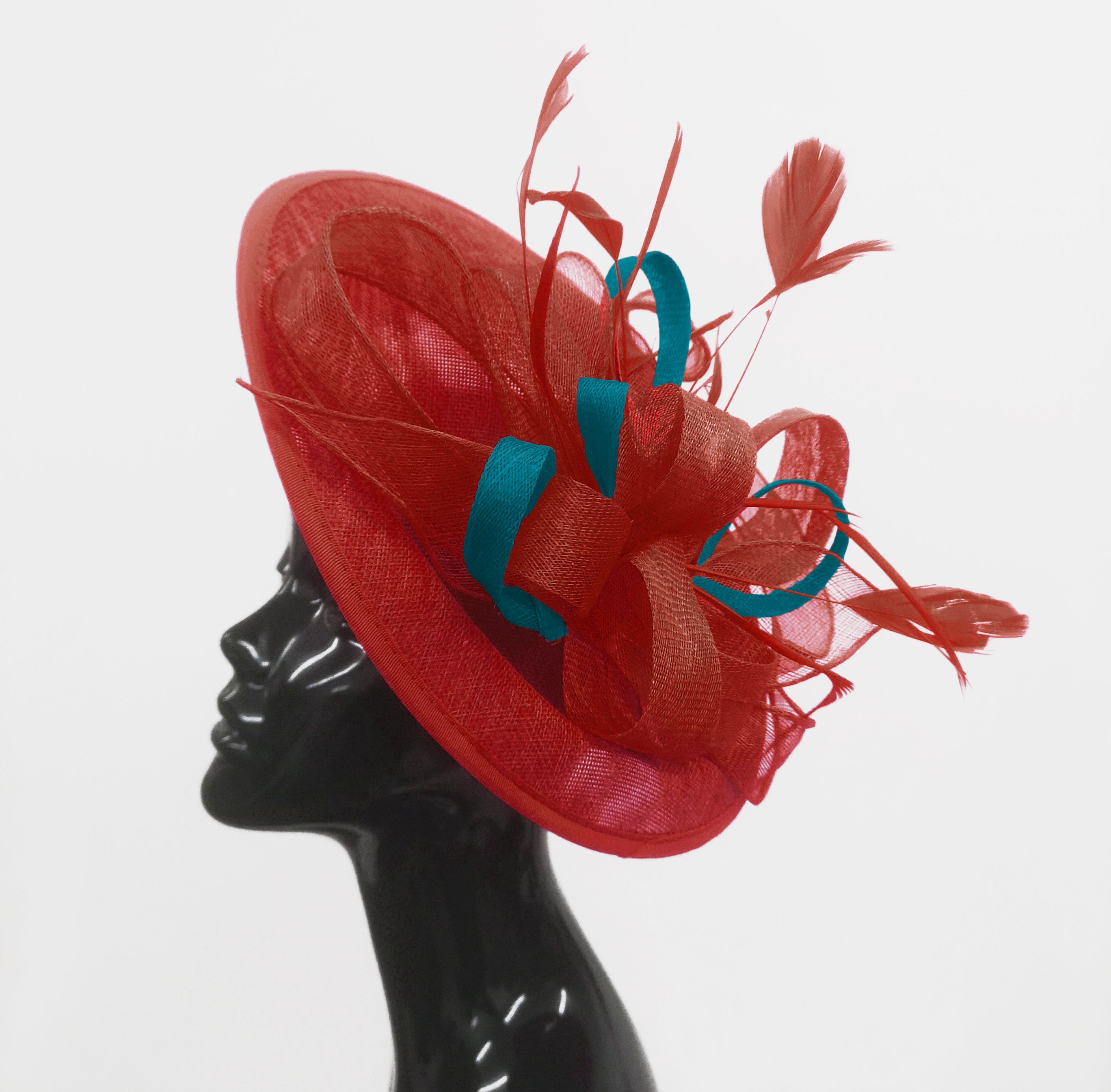 Caprilite Big Saucer Sinamay Red & Teal Mixed Colour Fascinator On Headband