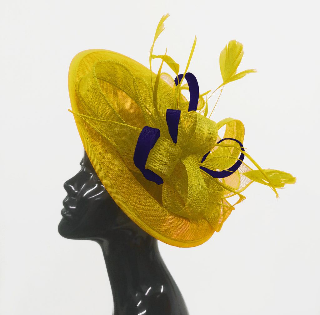Caprilite Big Saucer Sinamay Yellow & Navy Mixed Colour Fascinator On Headband