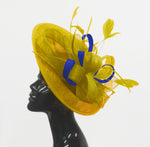 Caprilite Big Saucer Sinamay Yellow & Royal Blue Mixed Colour Fascinator On Headband
