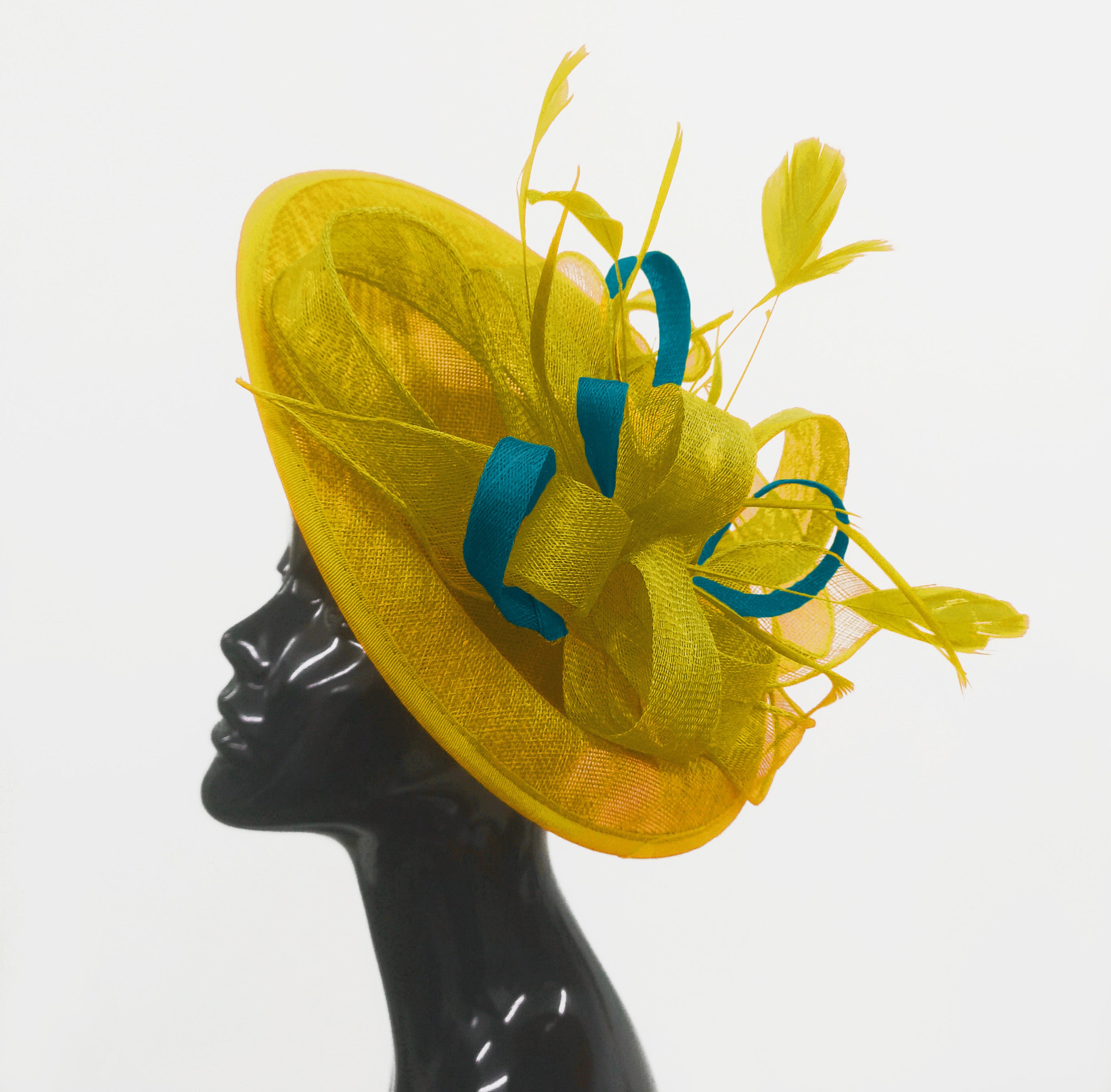 Caprilite Big Saucer Sinamay Yellow & Teal Mixed Colour Fascinator On Headband