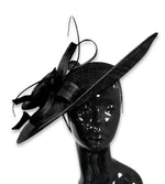 large 41cm black sinamay disc saucer hatinator mounted on a headband for weddings and ascot races
