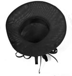 Black occasion hat with a structured crown, wide brim, decorative loops and feather detailing back
