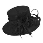 Black occasion hat with a structured crown, wide brim, decorative loops and feather detailing