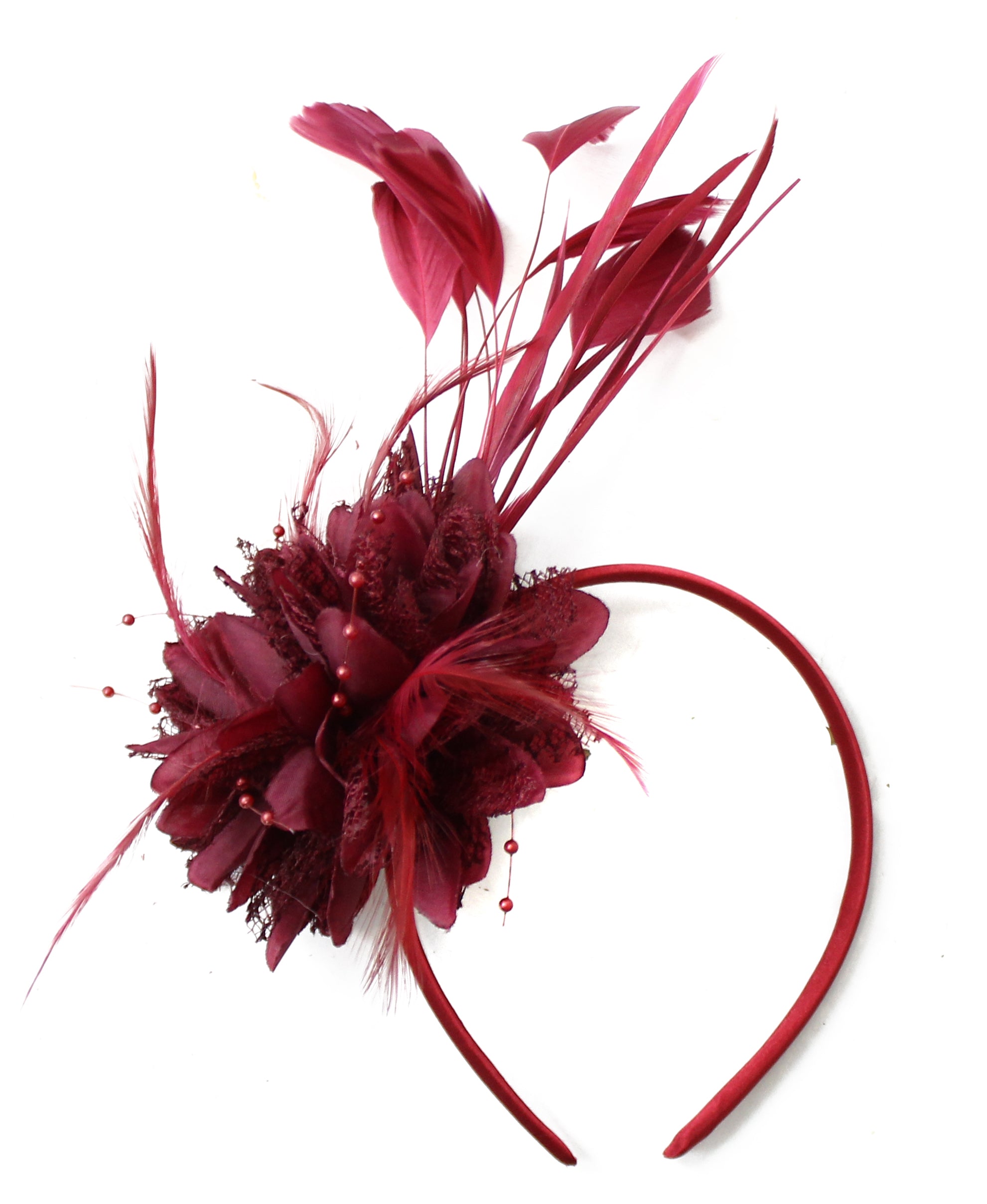 Burgundy Classic Flower with Long Feathers on Headband