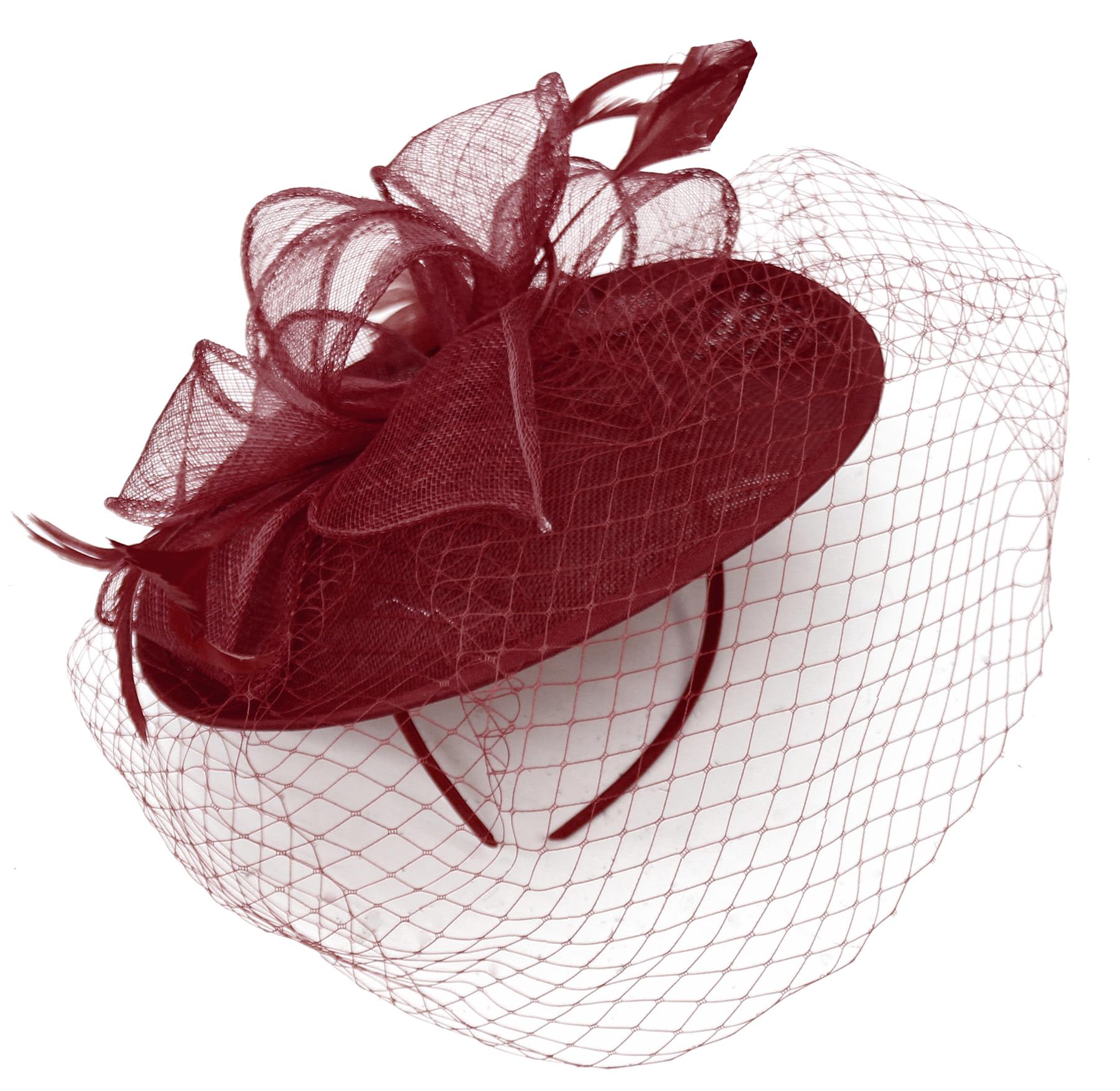 Caprilite Soucoupe Sinamay Bandeau Fascinator Mariage Ascot Chapeau Hatinator Birdcage Veil [Bourgogne]