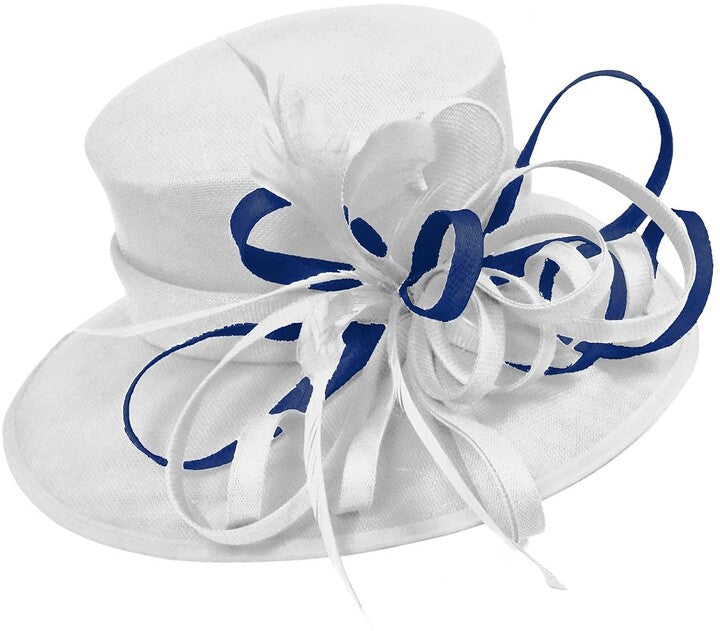 Blanc et bleu marine grand chapeau à bord de la reine Occasion Hatinator Fascinator mariages formels