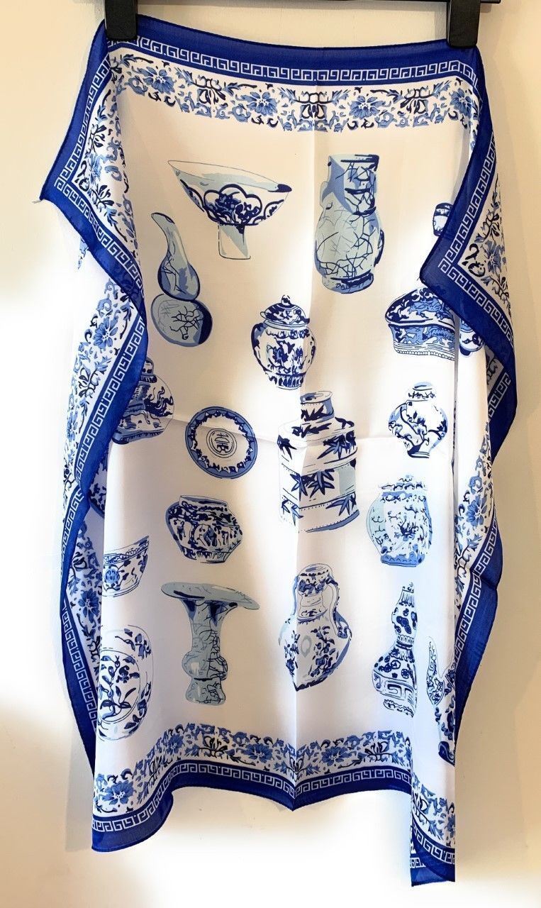 Blue and White Oriental Chinese Scarf Thin Silky Womens Summer Spring