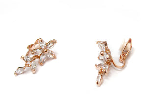 CLIP ON Earrings Rose Gold Flower Leaf Crystal Women's Ladies Bridal