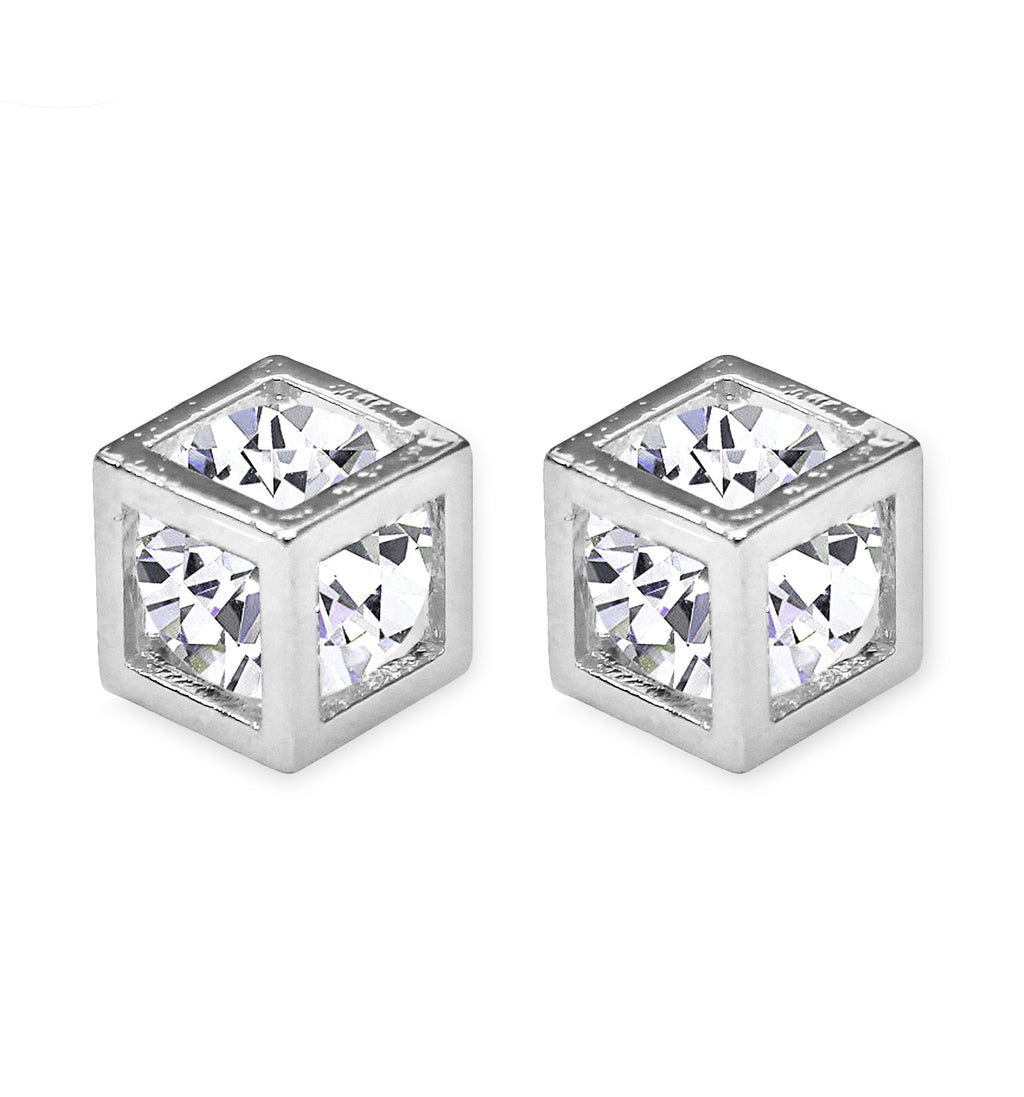 CLIP-ON Earrings Women's Silver Cube Shining Crystal Ladies