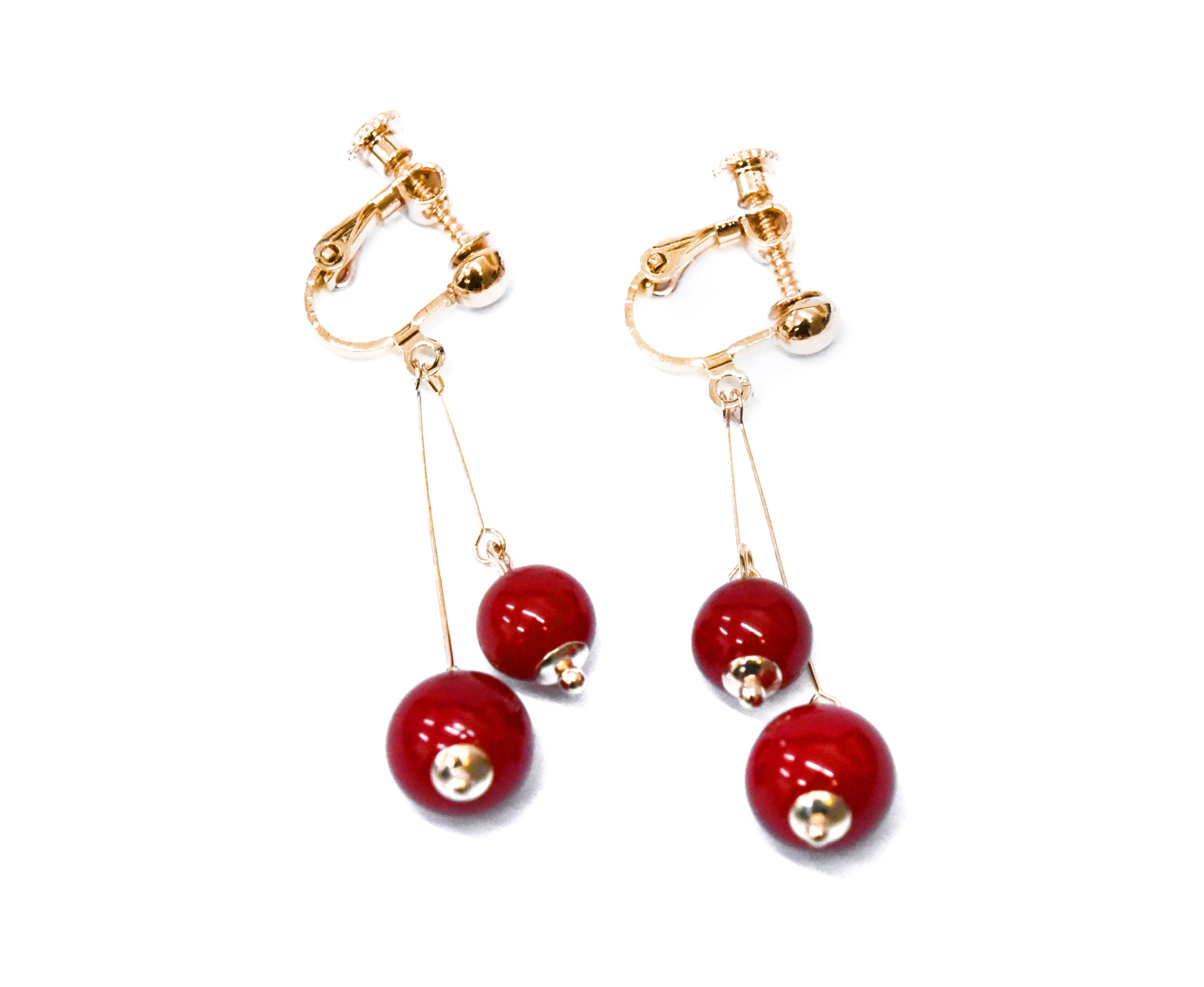 Boucles d'oreilles à Clip en forme de goutte de cristal, pompon non percé, perle ronde rouge dorée