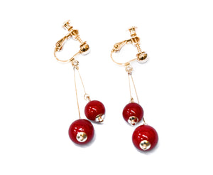 Crystal Drop Dangle Clip On Earrings Tassel Non Pierced Round Red Bead Gold