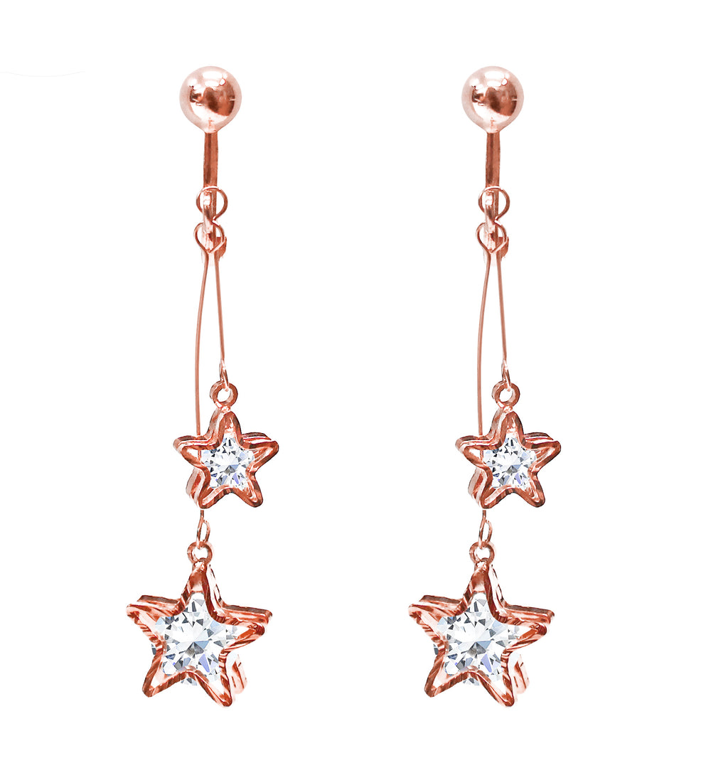 Crystal Drop Dangle Clip On Earrings Tassel Non Pierced Star Rose Gold