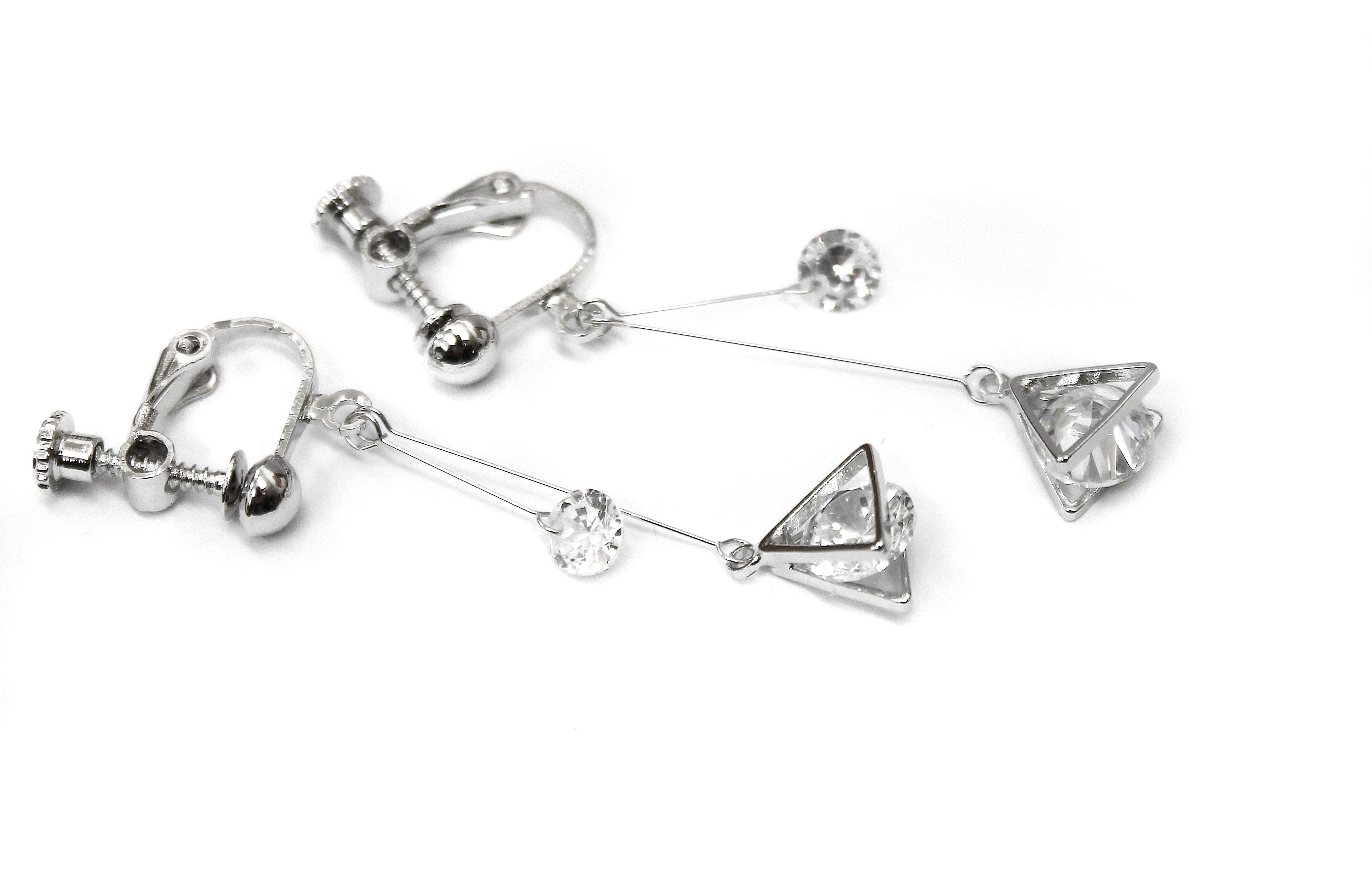 Crystal Drop Dangle Clip On Earrings Tassel Non Pierced Triangle Silver