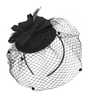 Round Pillbox Birdcage Veil Bow Sinamay Headband Fascinator Weddings Ascot Races