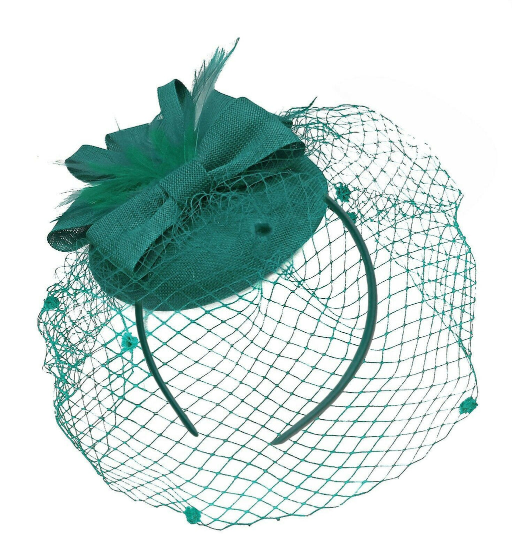 Teal Turquoise Birdcage Veil Pillbox Bow Sinamay Headband Fascinator Weddings Ascot Hatinator Races