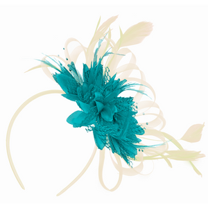 Caprilite Cream Hoop & Teal Feathers Fascinator On Headband for Weddings and Ascot Races