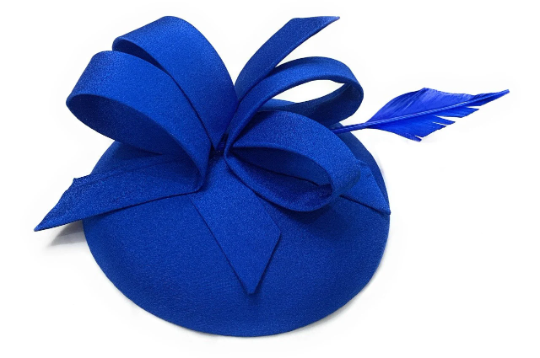 Round Sinamay Pillbox Fabric Abstract Hoops Long Feather Headband Fascinator Weddings Ascot Hatinator Races Hat UK - Royal Colbalt Blue