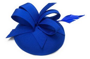 Round Sinamay Pillbox Fabric Abstract Hoops Long Feather Headband Fascinator Weddings Ascot Hatinator Races Hat UK - Royal Colbalt Blue