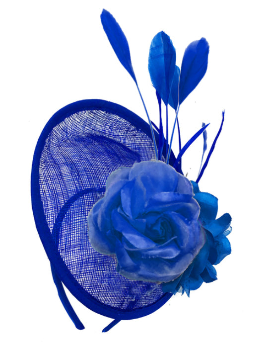 Electric Cobalt Royal Blue fascinator on headband sinamay disc saucer rose caprilite UK Online shop