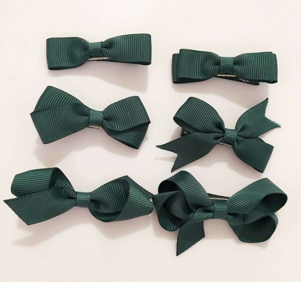 6 PIECE SET Girls Small Hair Bows Clips Grosgrain Ribbon School Uniform Colours[Emerald Green]