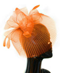 Orange Veil Fan Feathers Fascinator on Headband Wedding Races Net Hat Big
