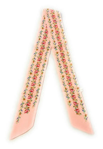 Womens 90cm Long Reversible Skinny Scarf Faux Silk Head Scarves Bag Charm Bow[Peach Fuchsia Pink Flowers]