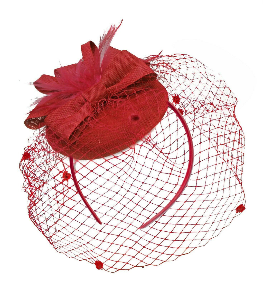 Red Birdcage Veil Pillbox Bow Sinamay Headband Fascinator Weddings Ascot Hatinator Races