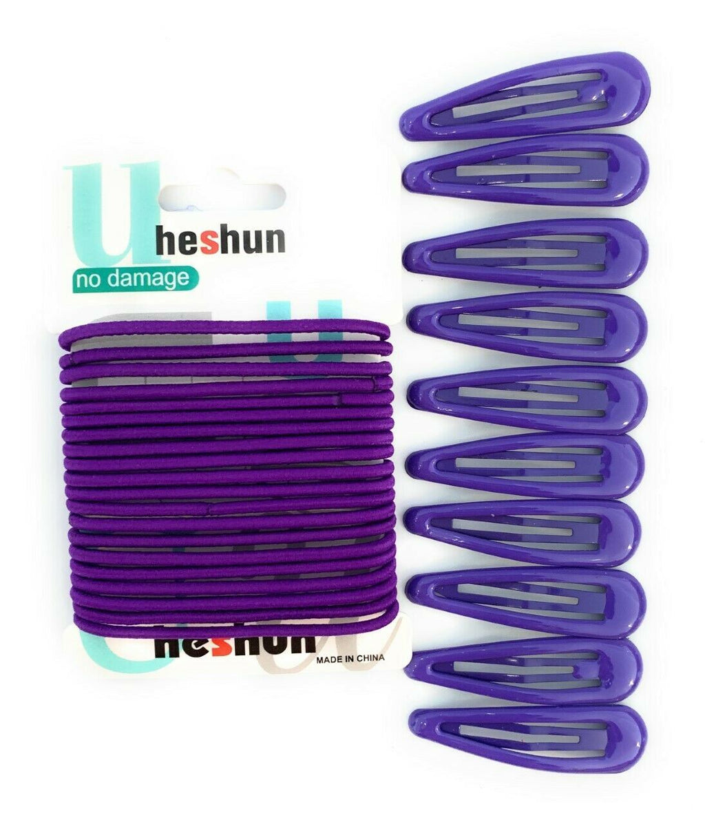 30 PCS Sleepie Elastics Hair Head Bands Snap Clips Hairbands Bobbles SCHOOL SET[Purple,Full Set (Hair Elastics and Clips)]