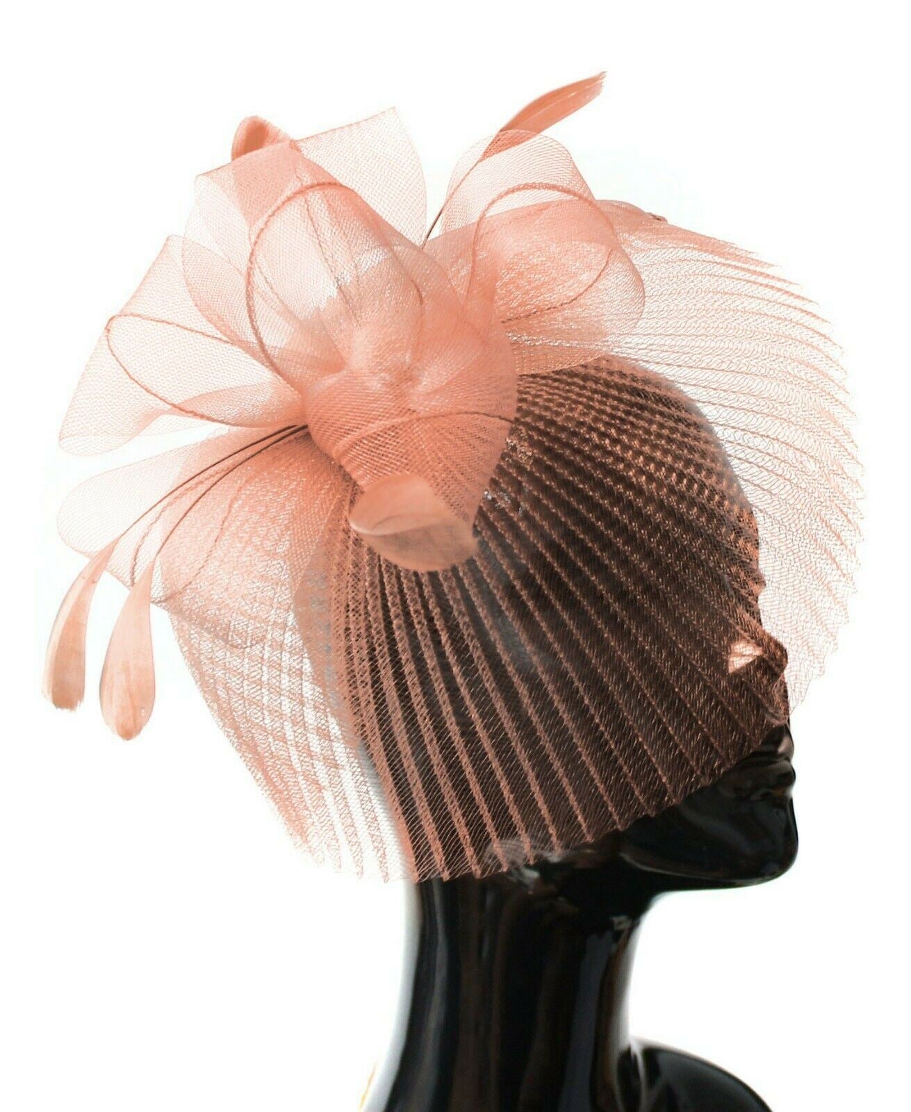 Peach Nude Veil Fan Feathers Fascinator on Headband Wedding Races Net Hat Big