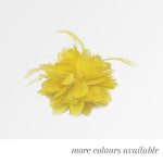 flower fascinator with layered fabric and lace petals, feathers and beaded sprays
