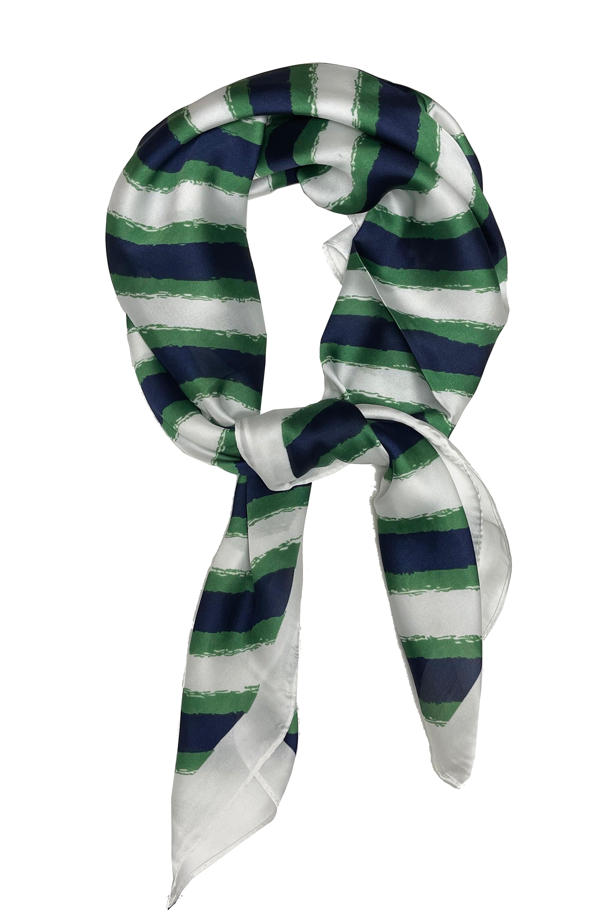 70cm x 70cm Green, Navy, White Stripes Print Pattern Square Scarf Big Ladies Women Faux Silk Head Neck Thin Bag Charm