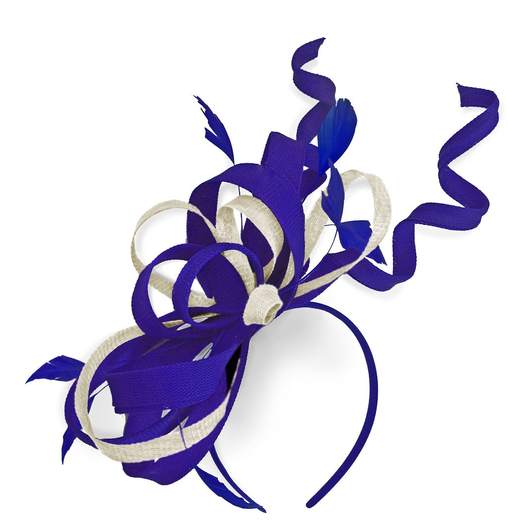 Caprilite Royal Blue and Cream Ivory Wedding Swirl Fascinator Headband Alice Band Ascot Races Loop Net