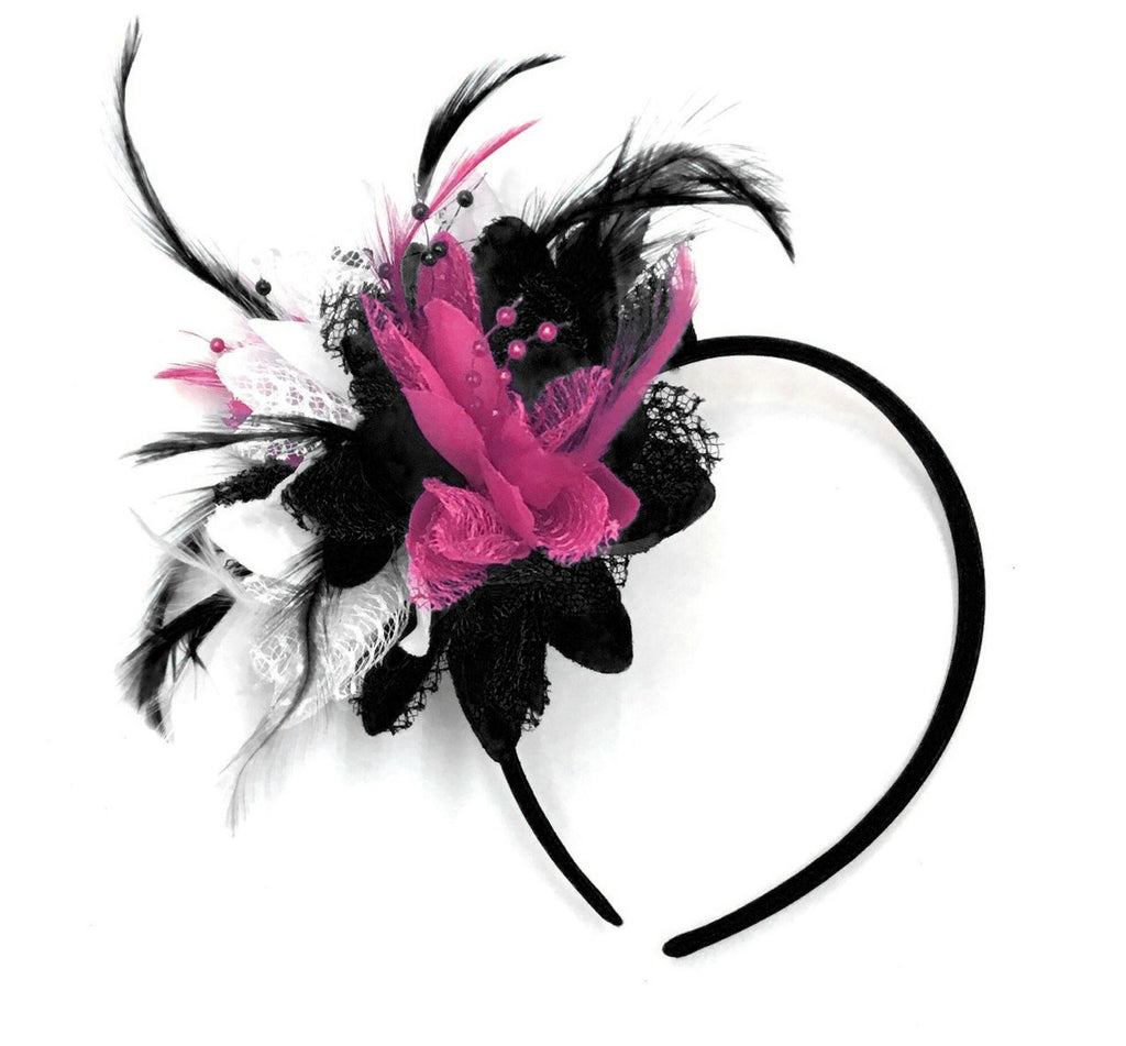 Corsagemix - Bibi à fleurs noir blanc et rose fuchsia sur bandeau