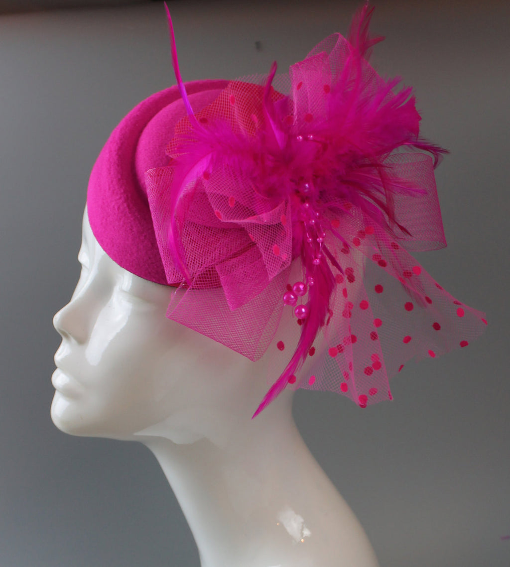 Caprilite Fuchsia Hot Pink Fascinator Hat Pill Box Veil Hatinator UK Wedding Ascot Races  Clip Felt