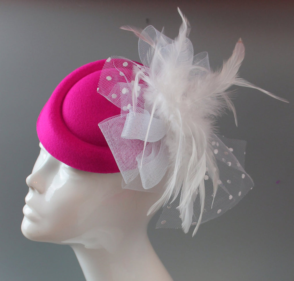 Caprilite Fuchsia Hot Pink and White Fascinator Hat Pill Box Veil Hatinator UK Wedding Ascot Races  Clip Felt