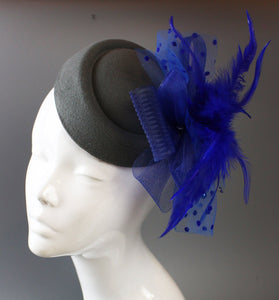 Caprilite Grey and Royal Blue Fascinator Hat Pill Box Veil Hatinator UK Wedding Ascot Races Clip Felt