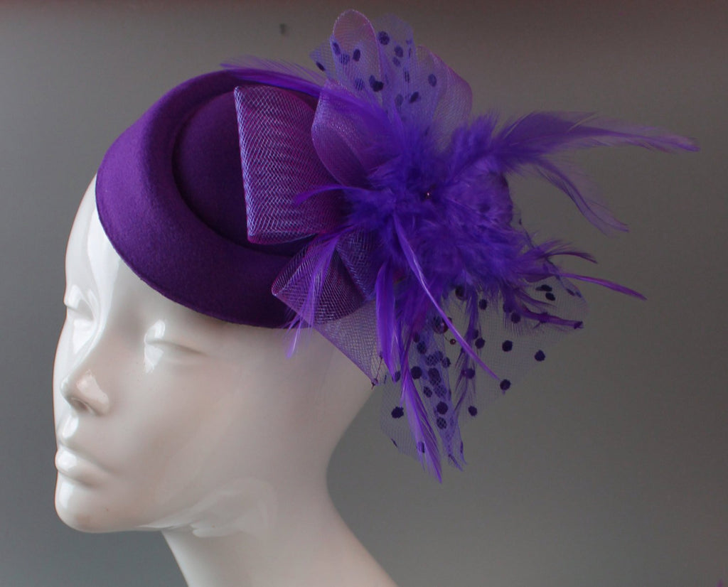 Caprilite Royal Cadbury Purple Hat Pill Box Veil Hatinator UK Wedding Ascot Races Clip Felt