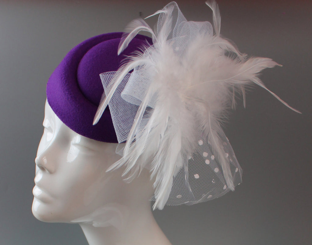 Caprilite Royal Cadbury Purple and White Hat Pill Box Veil Hatinator UK Wedding Ascot Races Clip Felt