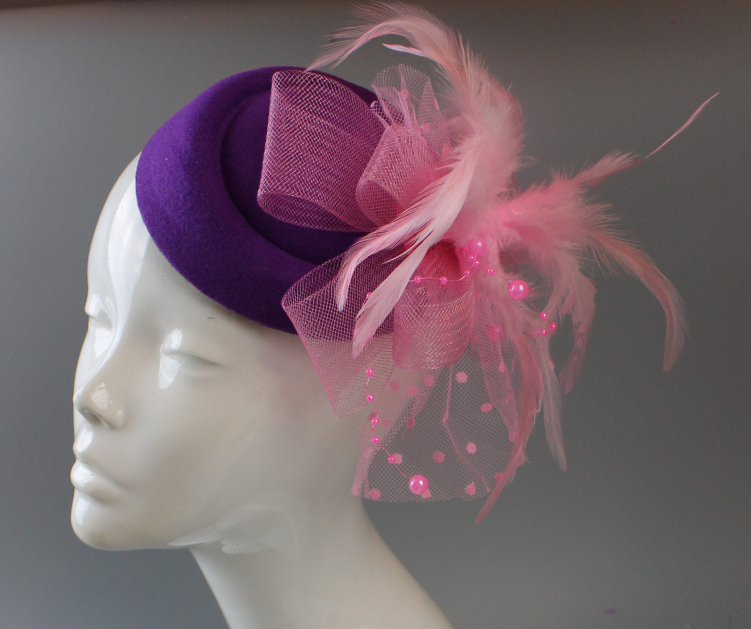 Caprilite Cadbury Purple and Pink Hat Pill Box Veil Hatinator UK Wedding Ascot Races Clip Felt
