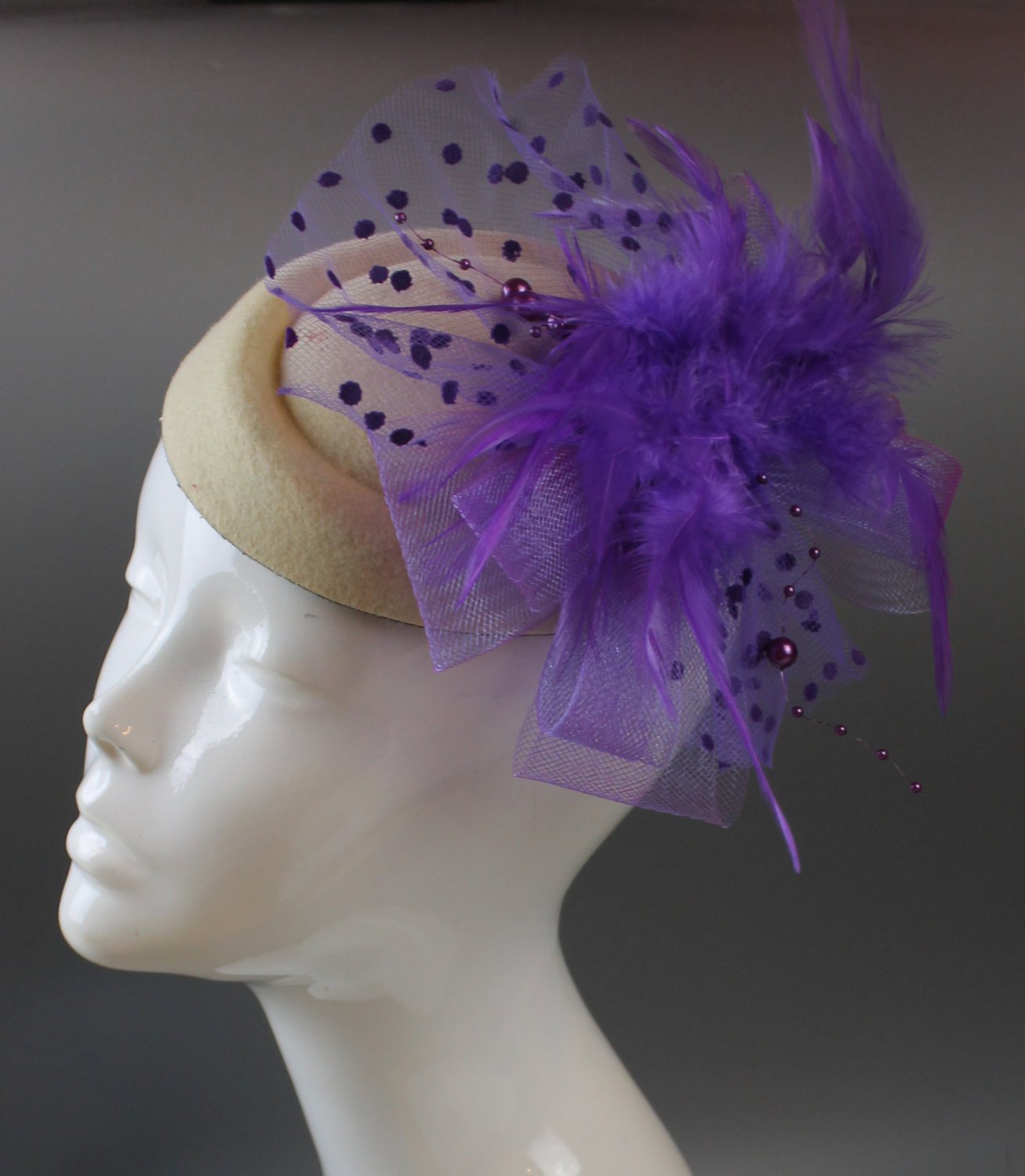 Caprilite Cream Ivory and Purple Hat Pill Box Veil Hatinator UK Wedding Ascot Races Clip Felt