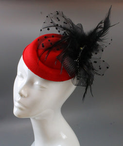 Caprilite Bright Rose Red and Black Fascinator Hat Pill Box Veil Hatinator UK Wedding Ascot Races  Clip Felt