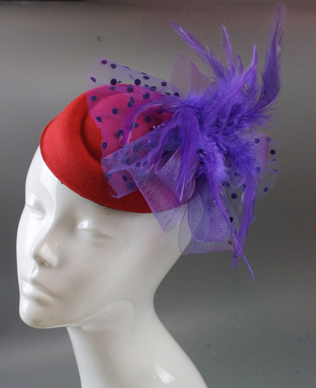 Caprilite Bright Rose Red and Purple Fascinator Hat Pill Box Veil Hatinator UK Wedding Ascot Races  Clip Felt